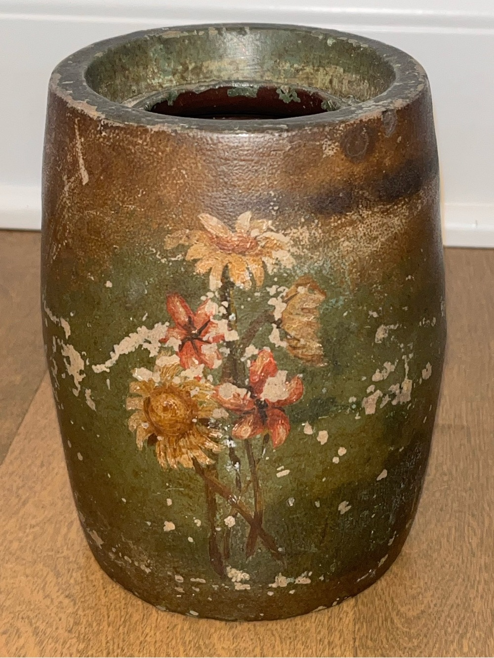 Stoneware Primitive 19th Century Jar: Dark Green Finish W/ Floral Painting